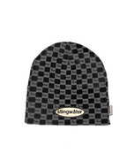 Black and gray checkered beanie with 'Sue me' text logo on a white background
