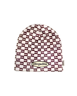 Brown and white checkered beanie with 'Sue me' text logo on a white background