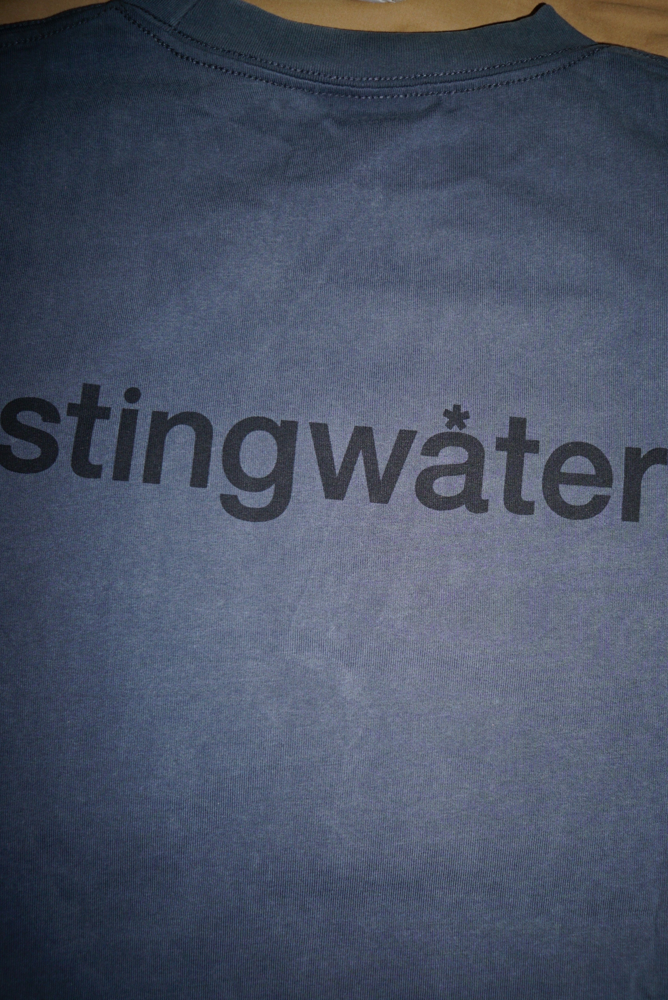 Faded metal gray long sleeve T shirt with 'stingwater' printed on the back