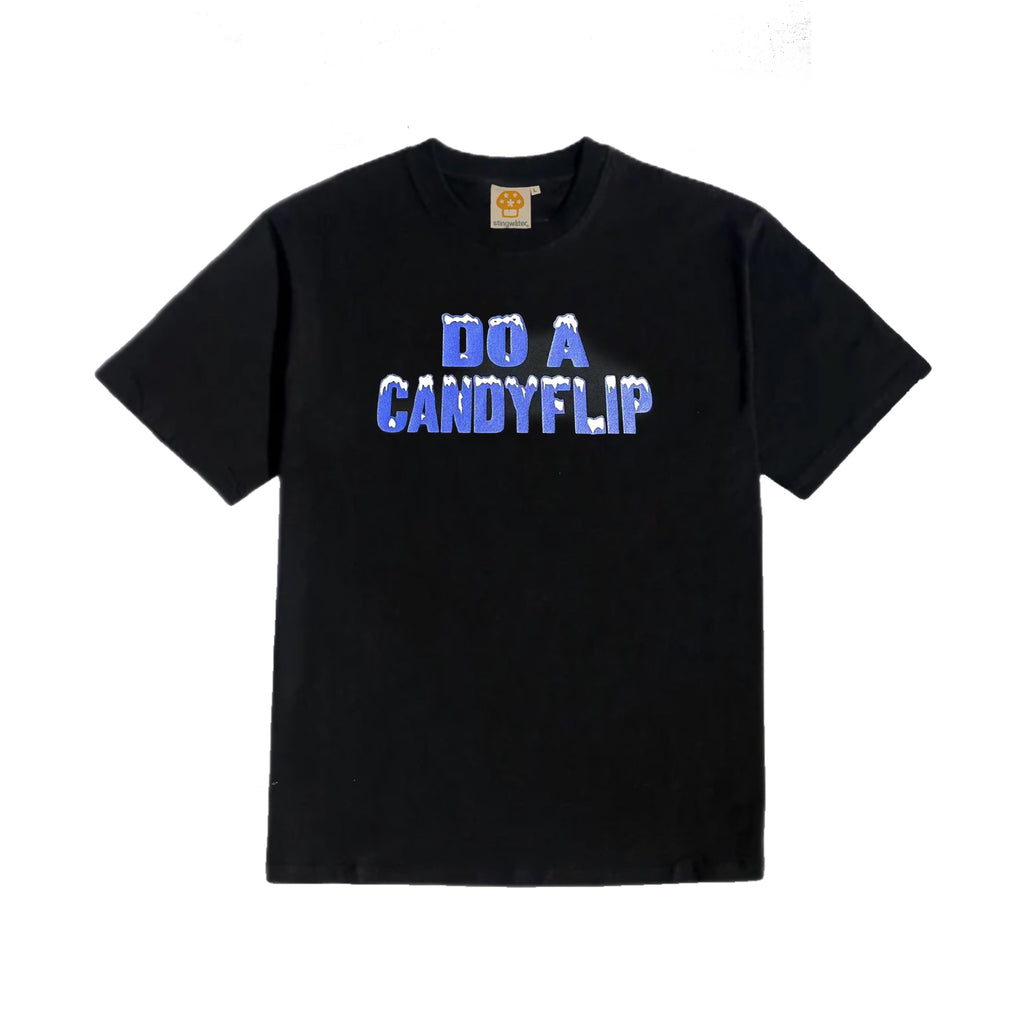 Stingwater "Do a Candyflip" T-shirt in black with bold blue font and white icy snow capped letters