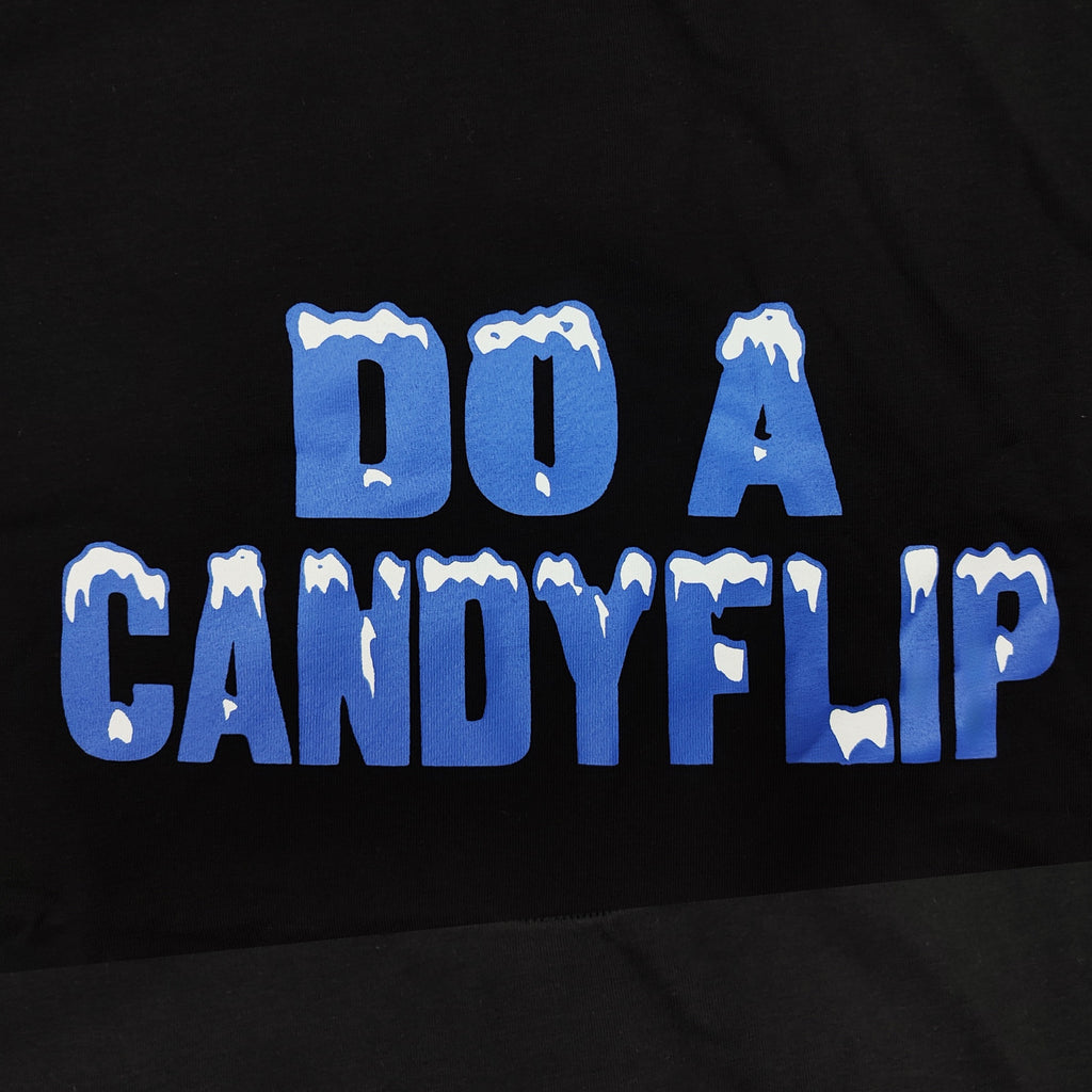 Stingwater "Do a Candyflip" T-shirt in black with bold blue font and white icy snow capped letters