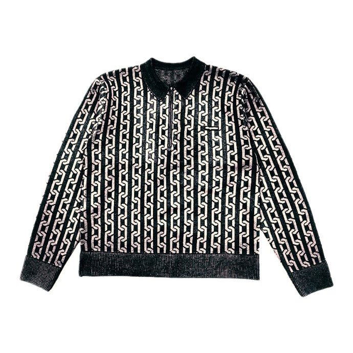 Collared Half Zip Jacquard Chain Sweater Black