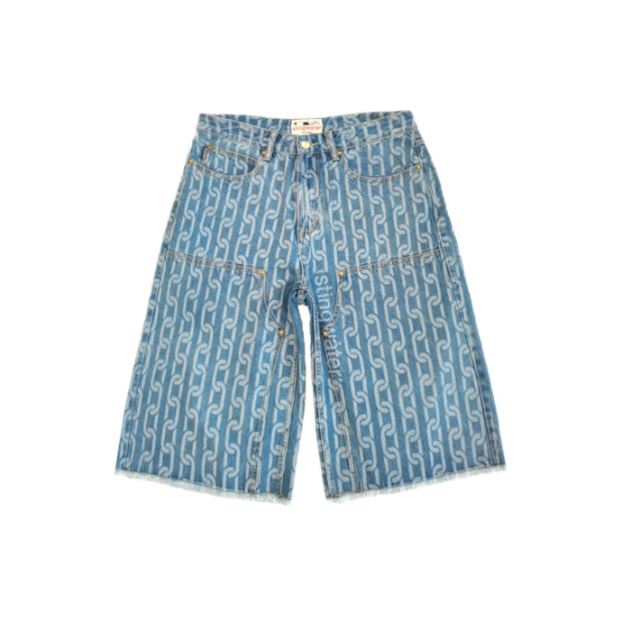 Signature Chain Double Knee Jean Shorts Blue