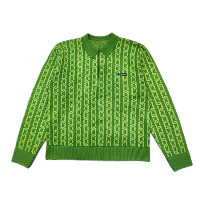 Collared Half Zip Jacquard Chain Sweater Alkaline Green