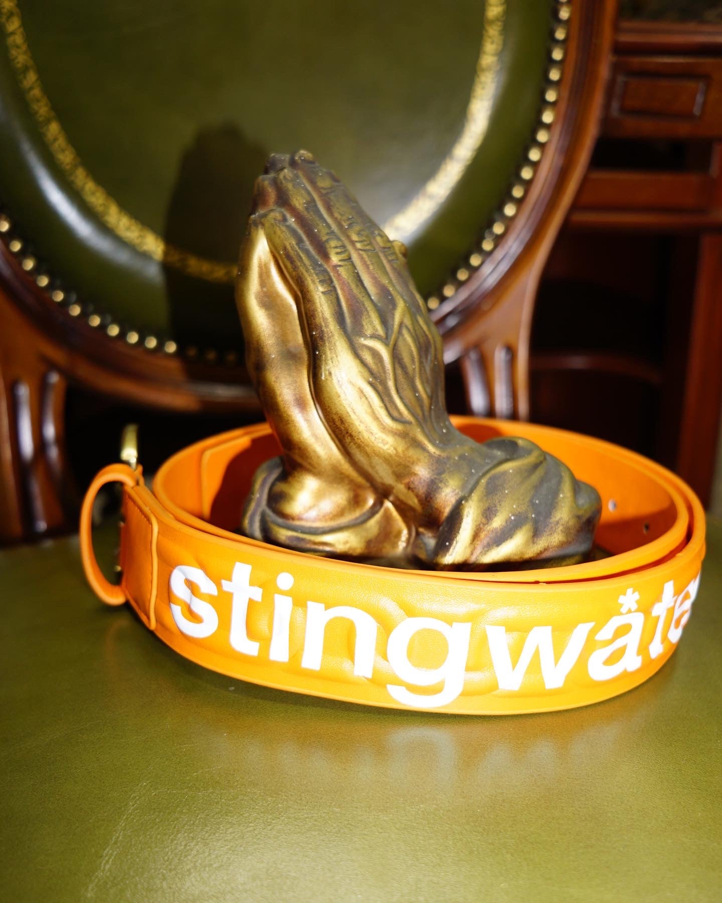 Chain Embossed Leather Belt Orange