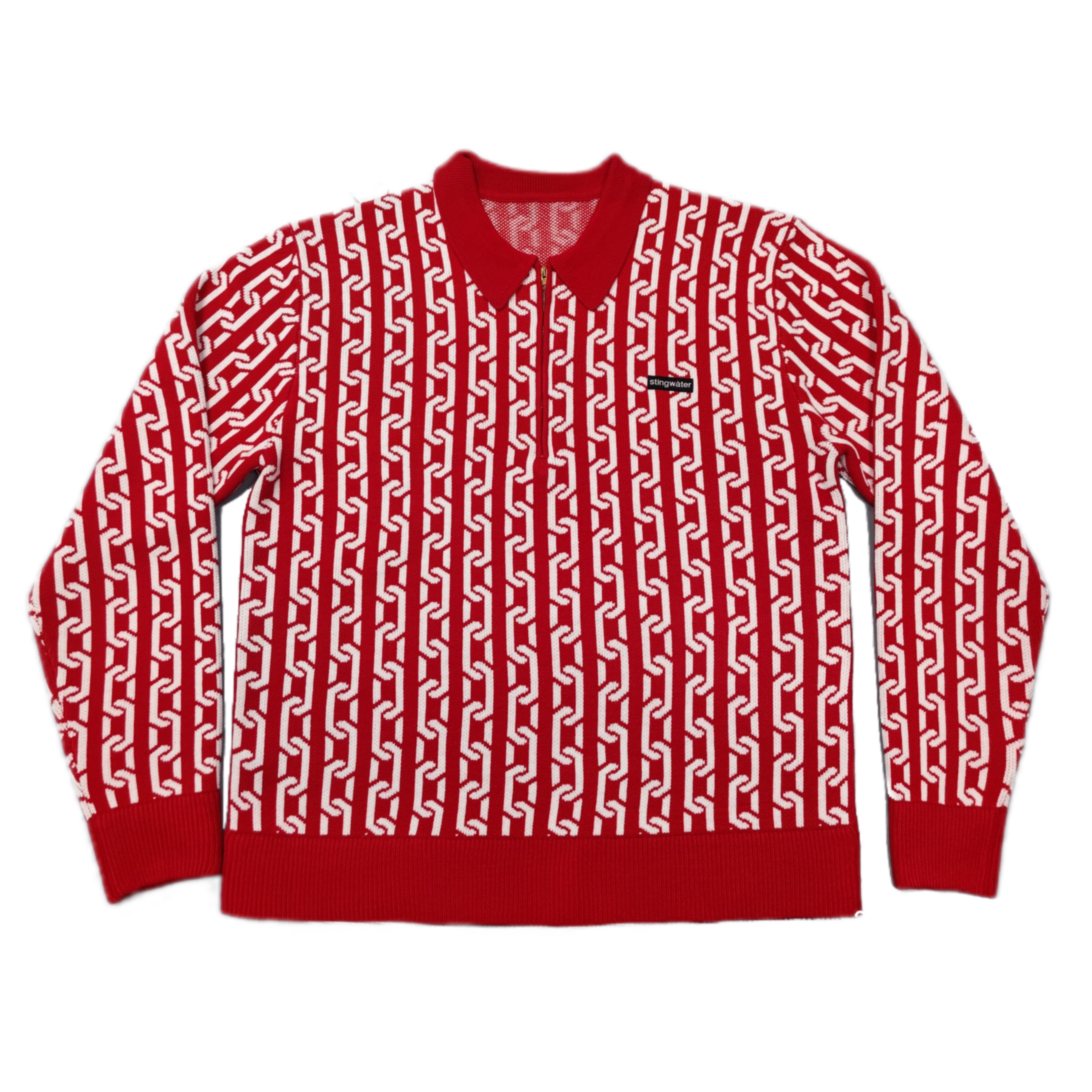 Collared Half Zip Jacquard Chain Sweater Red