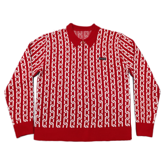 Collared Half Zip Jacquard Chain Sweater Red