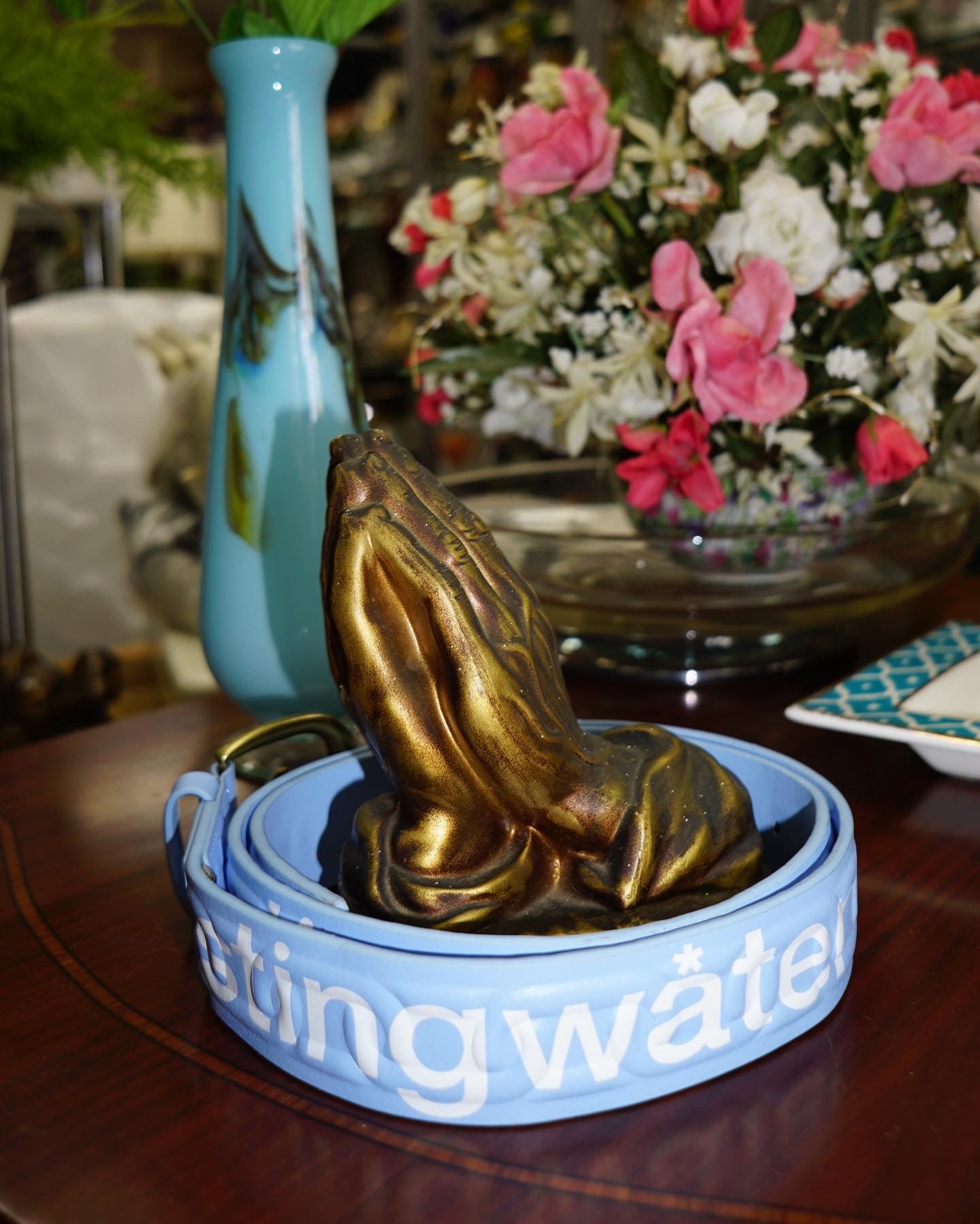 Chain Embossed Leather Belt High Blue